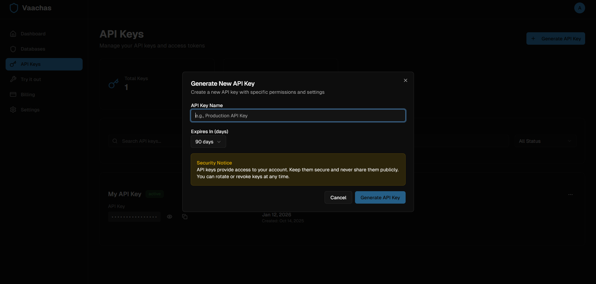 Vaachas API Keys page with Generate modal