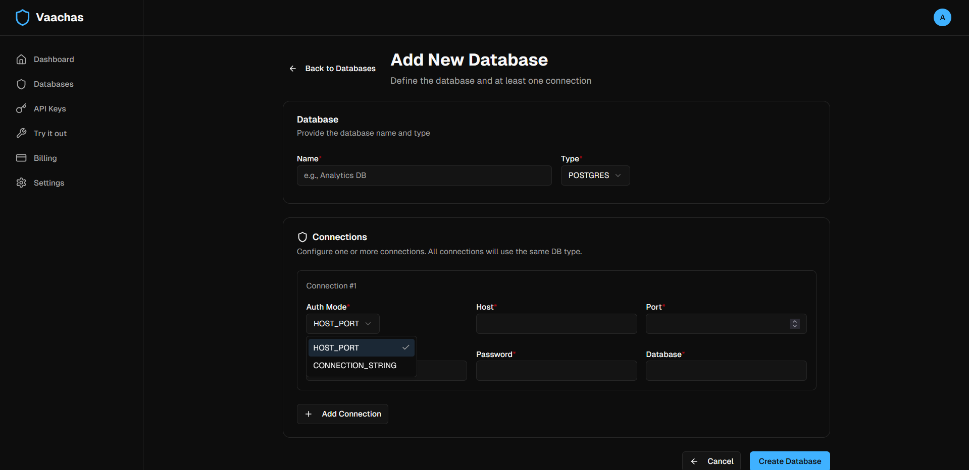 Vaachas Add New Database form